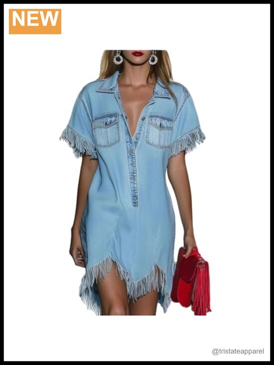 Dresses & Skirts - Denim Shirt Dress Western Fringe Half Button Short Sleeve Casual Summer